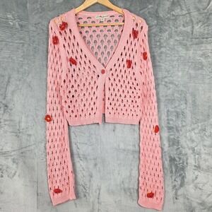 Womens Cardigan XL Pink Crochet Open Knit Cottage Crop Y2K 3D Rose Coquette Boho